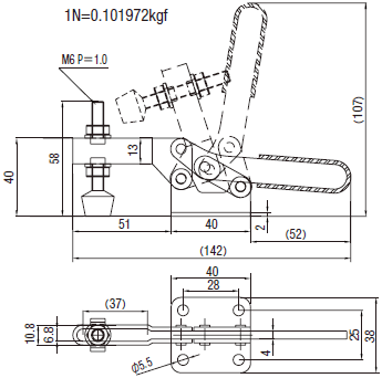 (Economic Type) Bottom Fixed Closing Pressure of Horizontal Toggle Clamp 1000N Dimensional Drawing