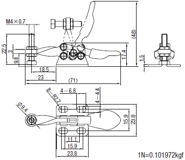 (Economic Type) Bottom Fixed Closing Pressure of Horizontal Toggle Clamp 264N (Bolt Fixed Type) Dimensional Drawing