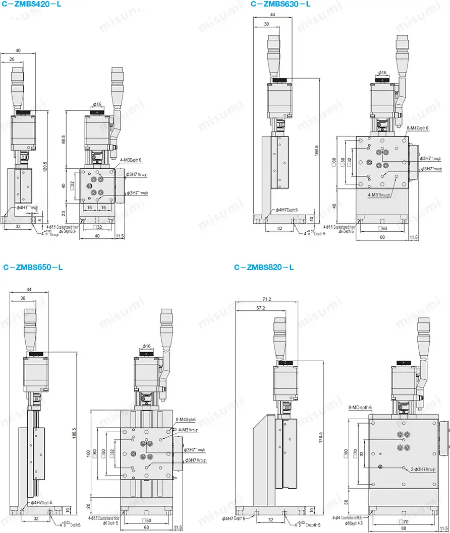 MISUMI Economy Automatic Z-Axis Linear Ball Guide Type Stage C-ZMBS Series Dimension Drawing