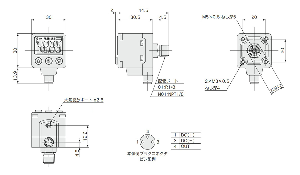 Dimensional drawing of ZSE40A/ISE40A-01-□-□L/-N01-□-□L