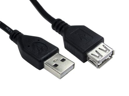 RS PRO เกลียวนอก USB A ถึง USB A ตัวเมีย สายต่อ สายไฟ, USB 2.0, 1.8 ม., เปลือก สีดำ