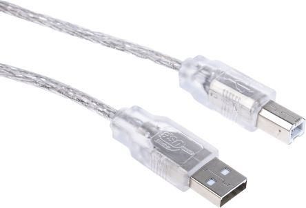RS PRO เกลียวนอก สาย USB A ถึง USB B เกลียวนอก , สายไฟ 2.0, 3 ม., เปลือก ใส