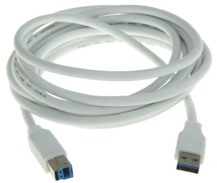 RS PRO เกลียวนอก สาย USB A ถึง สายไฟ B เกลียวนอก , USB 3.0 ยาว 3 ม. เปลือก สีขาว