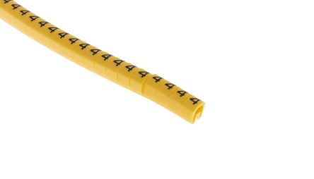 แถบเลื่อน RS PRO บน ปากกามาร์กเกอร์ สายไฟ สีดำบนสีเหลือง สายไฟ ขนาด 3 ถึง 4.2 มม. ที่พิมพ์ไว้ล่วงหน้า &quot;4&quot;