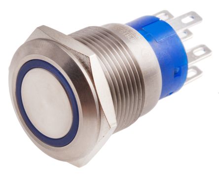 สวิตช์ สวิตช์กด LED สีน้ำเงินแบบ ขั้ว คู่ RS PRO แบบ Double Throw (DPDT) , IP67, 19.2 (เส้นผ่านศูนย์กลาง) มม., ตัว อุปกรณ์ติดตั้งตู้, 250 V AC