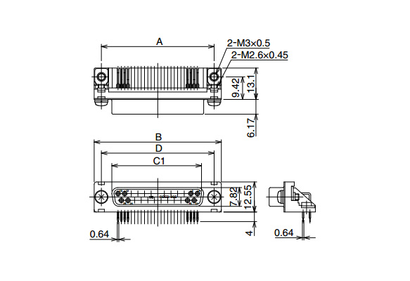 Drawing แสดงโครงร่าง *แผนภาพแสดง RDBD-25S(55), สกรูยึดแผง: M2.6 × 0.45 (เกลียวเมตริก), เทอร์มินอลสายดิน (การติดตั้ง PCB): M3 × 0.5