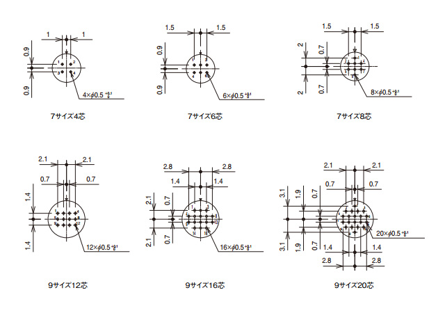 เต้ารับการกำหนดค่า เสา ขนาด / ขนาด 7, 4- ตัวนำ / ขนาด 7, 6-conductors / size 7, 8-conductors / size 9, 12-conductors / size 9, 16-conductors / size 9, 20-conductors