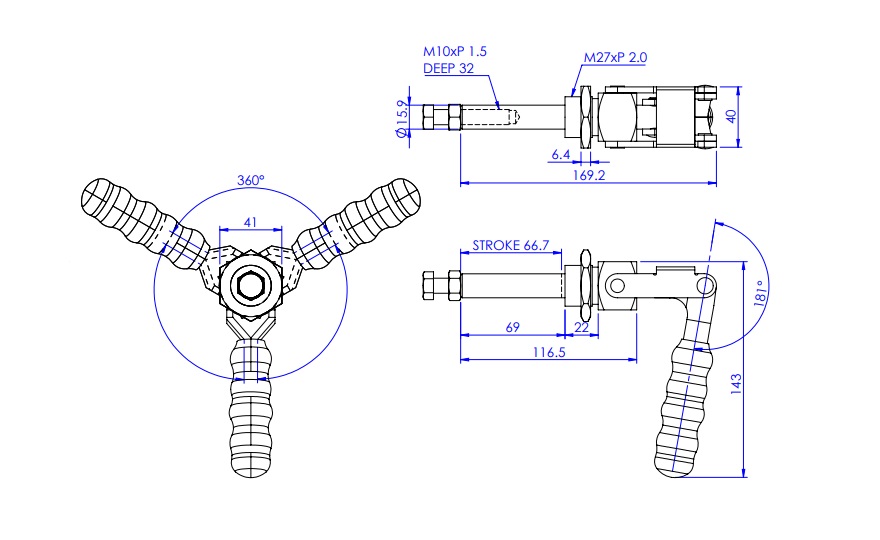 ท็อกเกิ้ลแคลมป์ - ชนิดดัน-ดึง - ฐานหน้าแปลน, ระยะเคลื่อนที่ 66.8 มม., แขนตรง GH-36224M/GH-36224-MSS 