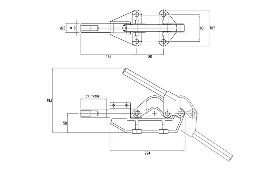 แคลมป์ปีกนก - Push-Pull Action Type - Flanged ฐานรอง/แผ่นรอง, สโตรค/ระยะเคลื่อนที่ 76 mm, แบบตรง แขน GH-30513M