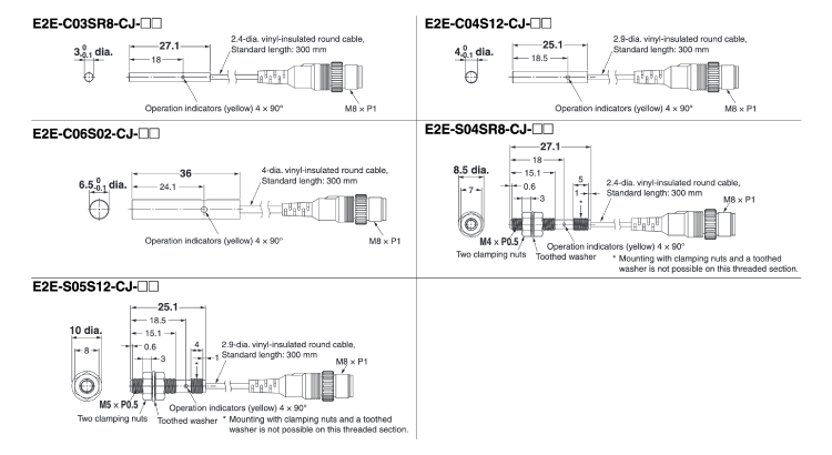 พร็อกซิมิตี้เซนเซอร์ ขนาดเล็ก E2E แบบตัวต่อรีเลย์ M8 (0.3m) (ชนิดมีเกราะป้องกัน) ภาพร่างภายนอก