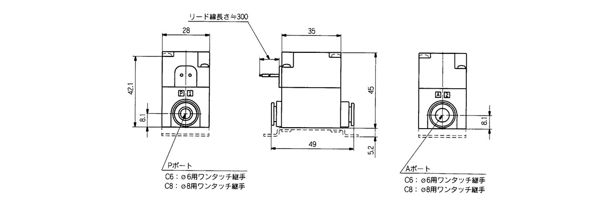 Drawing ระบุขนาด 2 ชนิด Inline / Grommet (G) VQ21A1-□G□-□-□