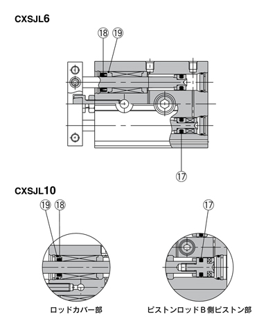 Drawing แสดงโครงสร้างของชุดซีล รุ่น CXSJL (ตลับลูกปืนบุชชิ่งบอล) สำหรับกระบอกสูบก้านคู่, ซีรีส์ CXS