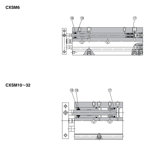 Drawing แสดงโครงสร้างของชุดซีล รุ่น CXSM สำหรับกระบอกสูบก้านคู่ ซีรีส์ CXS