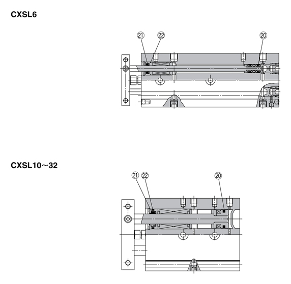 Drawing แสดงโครงสร้างของชุดซีล รุ่น CXSL สำหรับกระบอกสูบก้านคู่ ซีรีส์ CXS