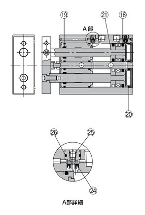Drawing แสดงโครงสร้างของชุดซีล รุ่น CXSM สำหรับกระบอกสูบก้านคู่ ซีรีส์ CXS / ชนิดมีตัวกันกระแทกแบบใช้ลม
