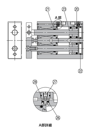 Drawing แสดงโครงสร้างของชุดซีล รุ่น CXSL สำหรับกระบอกสูบก้านคู่ ซีรีส์ CXS / ชนิดมีตัวกันกระแทกแบบใช้ลม
