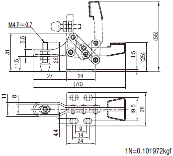 (Economic Type) Bottom Fixed Closing Pressure of Horizontal Toggle Clamp 300N (T-handle) Dimensional Drawing