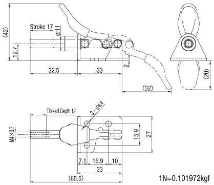 (Economic Type) Side Fixed Closing Pressure of Side Push Type Toggle Clamp 450N Dimensional Drawing