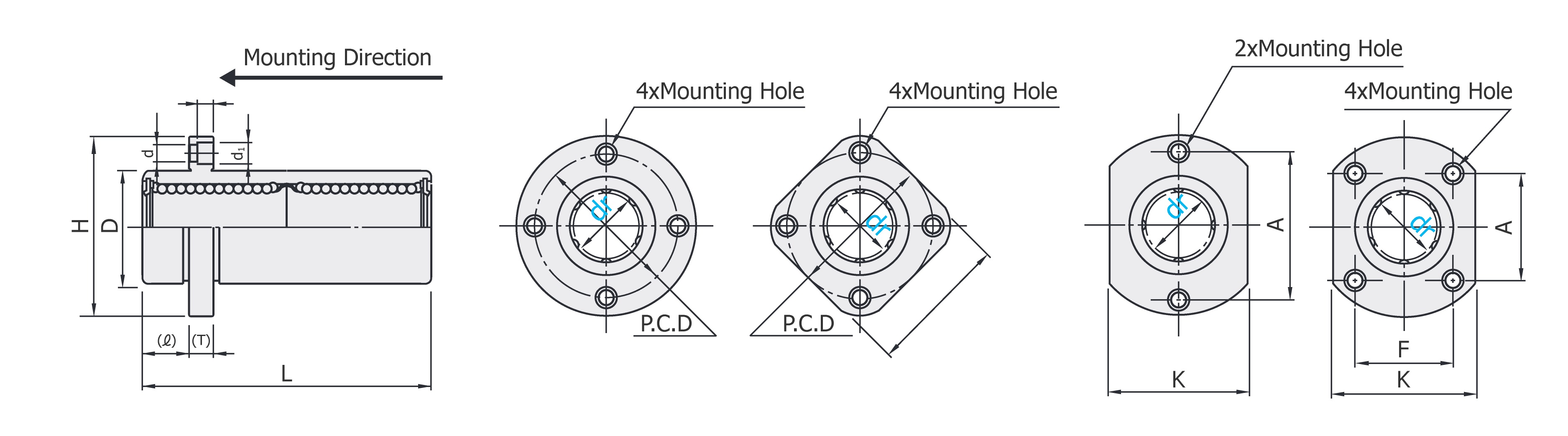 Economy series linear bushing double type dimensional drawing with pilot flange