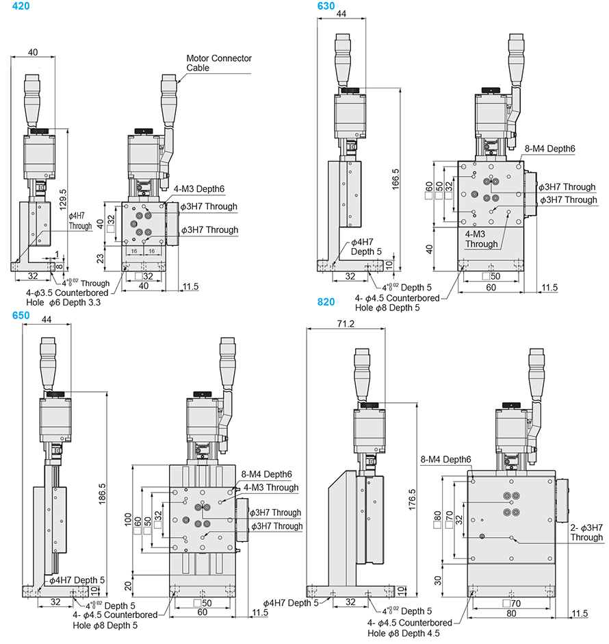 Dimensional Drawing of MISUMI Economy Series Automatic Z-axis Linear Ball Guide Type Z-Axis stage C-ZMBS Series