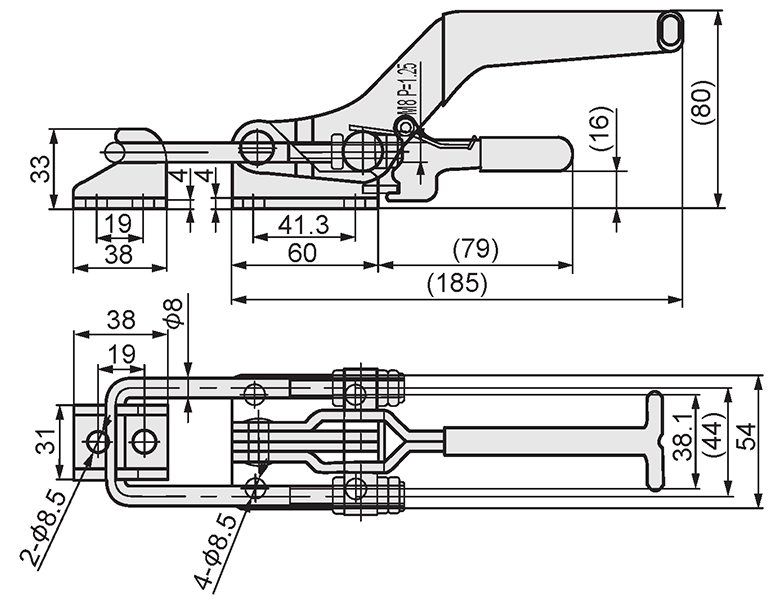 (Economy Series) Bottom fixed closing pressure of latch Type toggle clamp 1630N Dimensional Drawing