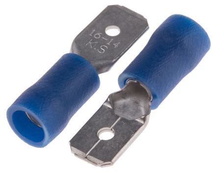 RS PRO Blue Insulated Male Spade Connector, Tab, 6.35 x 0.8mm Tab Size, 1.5mm² to 2.5mm² (125-1953) 