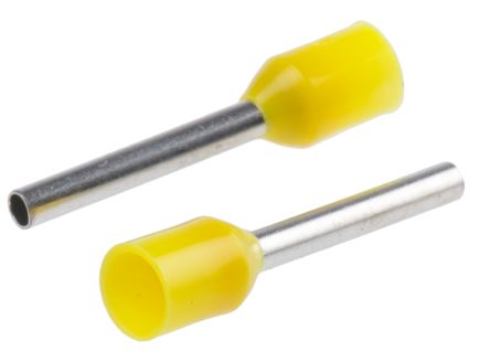 RS PRO Insulated Crimp Bootlace Ferrule, 12mm Pin Length, 1.7mm Pin Diameter, 1mm² Wire Size, Yellow