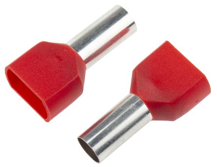 RS PRO Insulated Crimp Bootlace Ferrule, 14mm Pin Length, 6.5mm Pin Diameter, 2 x 10mm² Wire Size, Red