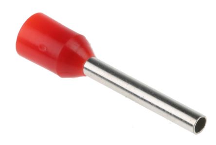 RS PRO Insulated Crimp Bootlace Ferrule, 12mm Pin Length, 1.7mm Pin Diameter, 1mm² Wire Size, Red, 18.5mm Length
