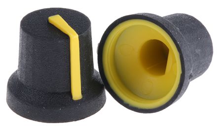 RS PRO 16.8mm Black Potentiometer Knob for 6mm Shaft D Shaped, Yellow