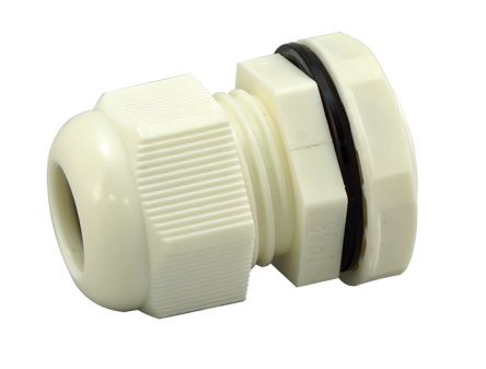 RS PRO Cable Gland, M20X1.5 Max. Cable Dia. 12mm, Nylon, White, 8mm Min. Cable Dia., IP68, with Locknut