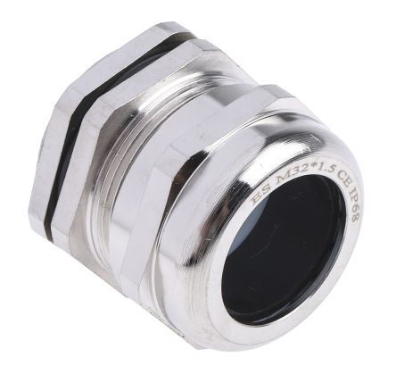 RS PRO Cable Gland, M32 Max. Cable Dia. 22mm, Nickel Plated Brass, Metallic, 15mm Min. Cable Dia., IP68, with Locknut