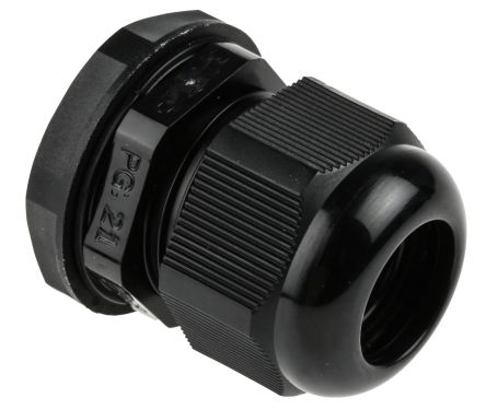 RS PRO Cable Gland, PG21 Max. Cable Dia. 18mm, Nylon, Black, 13mm Min. Cable Dia., IP68, with Locknut