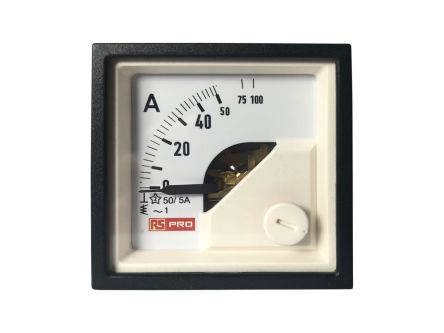 RS PRO Analogue Panel Ammeter 10 (Input) A, 100 (Scle) A, 50/5 (CT) A AC, 48mm x 48mm, 1 % Moving Iron