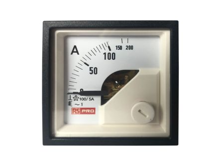 RS PRO Analogue Panel Ammeter 10 (Input) A, 100/5 (CT) A, 200 (Scle) A AC, 48mm x 48mm, 1 % Moving Iron