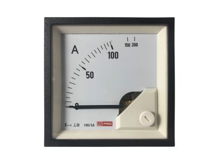 RS PRO Analogue Panel Ammeter 10 (Input) A, 100/5 (CT) A, 200 (Scle) A AC, 72mm x 72mm, 1 % Moving Iron 