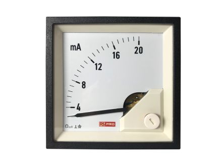 RS PRO Analogue Panel Ammeter 20 (Input)mA DC, 72mm x 72mm, 1 % Moving Coil