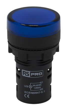 RS PRO, Panel Mount Blue LED Pilot Light, 22mm Cutout, IP65, 24V AC/DC