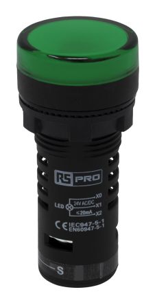 RS PRO, Panel Mount Green LED Pilot Light Complete with Test Circuit, 22mm Cutout, IP65, Round, 24 V AC/DC