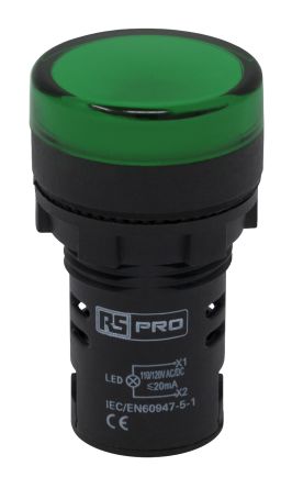 RS PRO, Panel Mount Green LED Pilot Light, 22mm Cutout, IP65, 110V AC