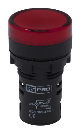 RS PRO, Panel Mount Red LED Indicator, 22mm Cutout, IP65, 12V AC/DC