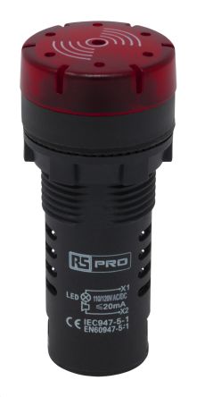 RS PRO, Panel Mount Red LED Pilot Light Complete with Sounder, 22mm Cutout, IP30, Round, 120 V AC/DC