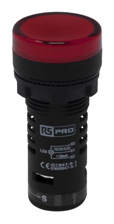 RS PRO, Panel Mount Red LED Pilot Light Complete with Test Circuit, 22mm Cutout, IP65, Round, 120V AC/DC