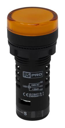 RS PRO, Panel Mount Yellow LED Pilot Light Complete with Test Circuit, 22mm Cutout, IP65, Round, 230 V AC