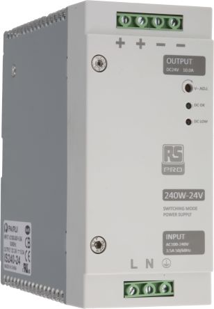 RS PRO Switch Mode DIN Rail Power Supply 230V AC Input, 24V DC Output, 10A 240W