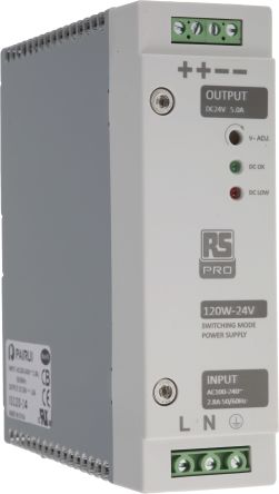RS PRO Switch Mode DIN Rail Power Supply 230V AC Input, 24V DC Output, 5A 120W
