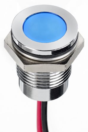 RS PRO Blue Panel Mount Indicator, 24V DC, 14mm Mounting Hole Size, Lead Wires Termination, IP67