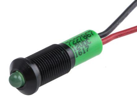 RS PRO Green Panel Mount Indicator, 12V DC, 6mm Mounting Hole Size, Lead Wires Termination, IP67