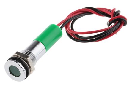 RS PRO Green Panel Mount Indicator, 220V AC, 8mm Mounting Hole Size, Lead Wires Termination, IP67