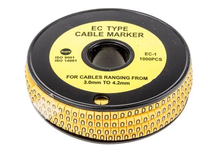 RS PRO Slide On Cable Markers, Black on Yellow, Pre-printed "0", 3 to 4.2mm Cable